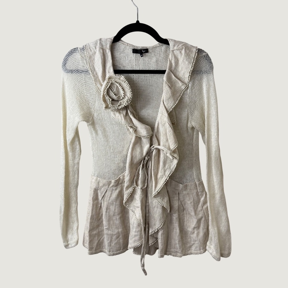 Ryu Cardigan Cream Open Knit Ruffle Rosette Romantic Boho Cottage Lagenlook M